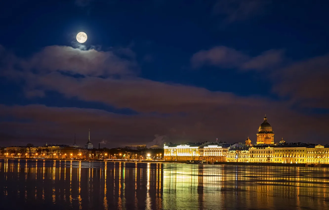 Photo wallpaper night, river, the moon, Peter, Saint Petersburg, Russia, promenade, St. Petersburg