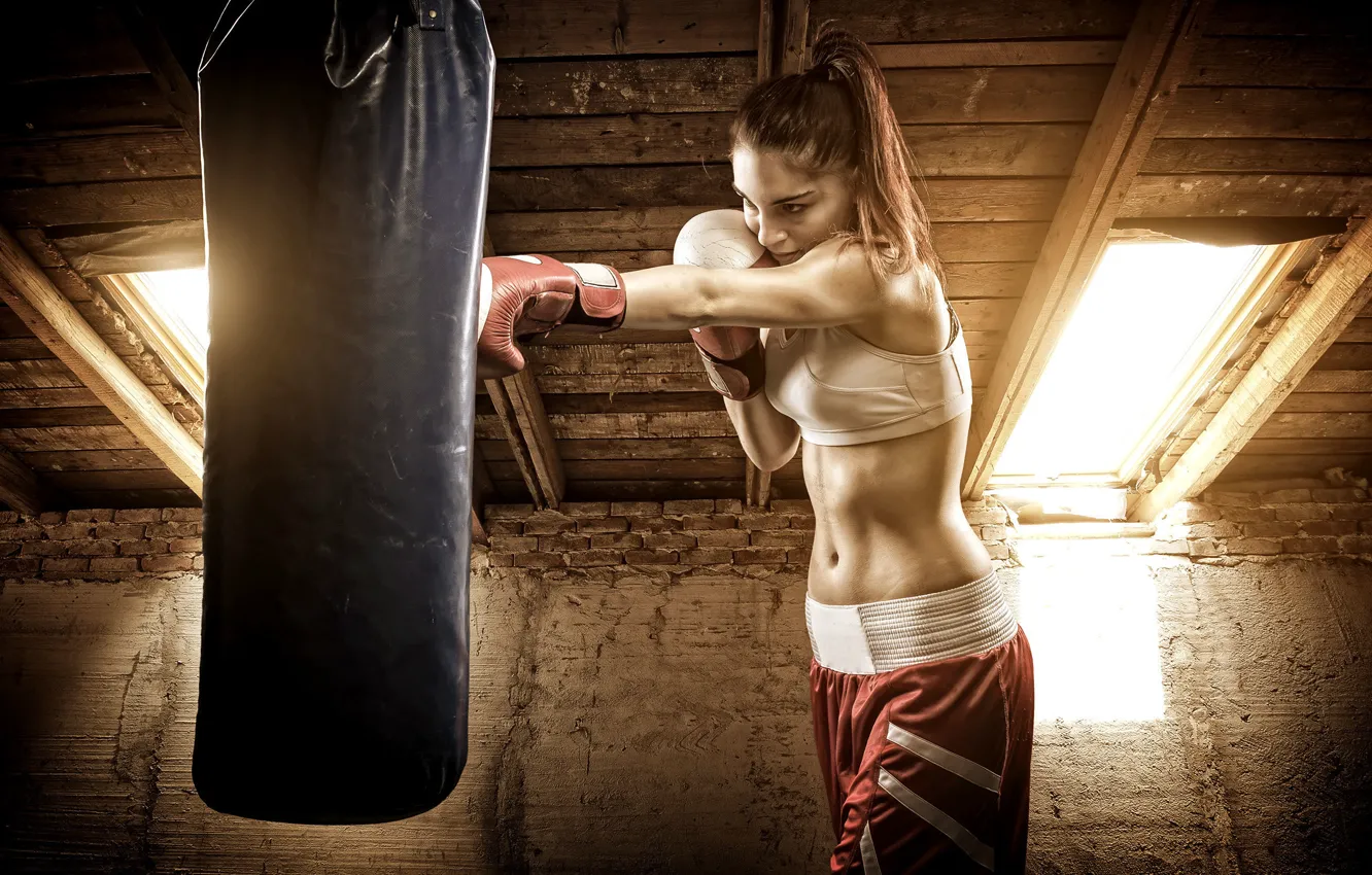 Photo wallpaper woman, boxing, boxing bag to hit