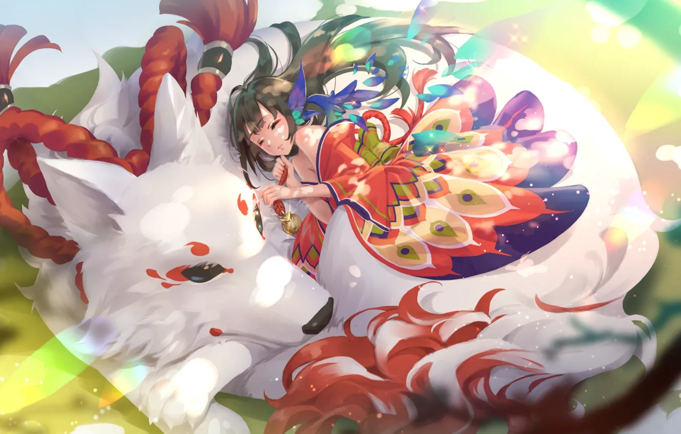 Photo wallpaper girl, wolf, fantasy