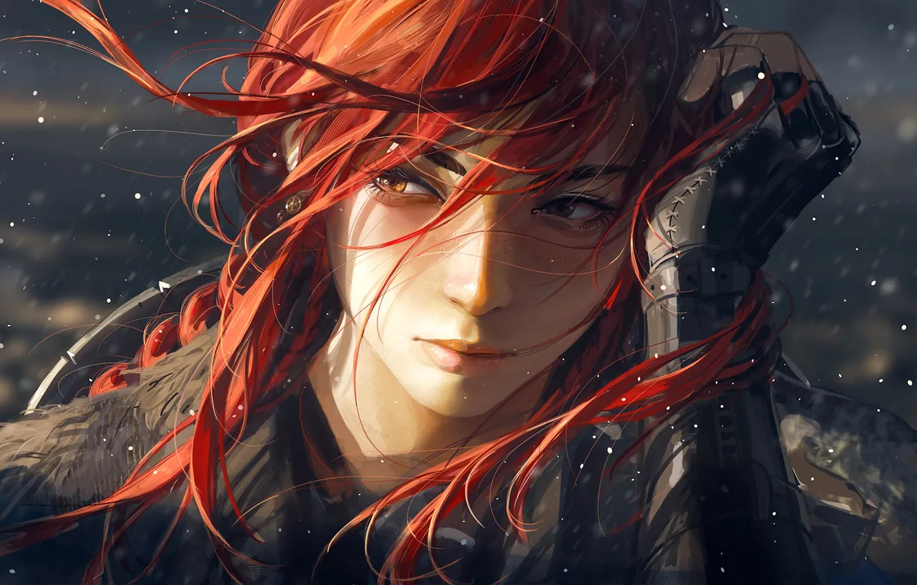 Photo wallpaper girl, fantasy, snow, redhead, digital art, artwork, sunlight, fantasy art