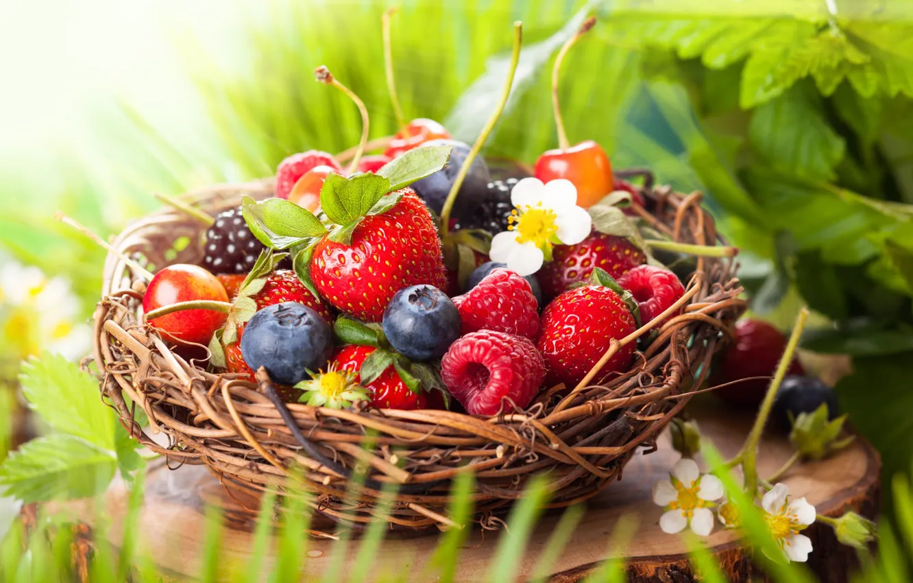 Photo wallpaper grass, nature, berries, raspberry, blueberries, strawberry, bokeh, basket