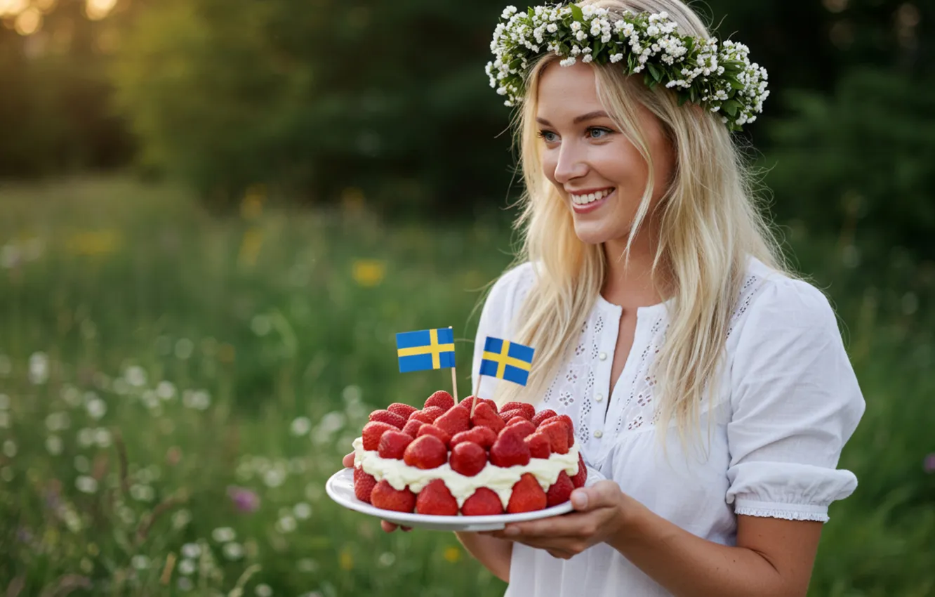 Photo wallpaper field, summer, look, girl, nature, smile, berries, meeting