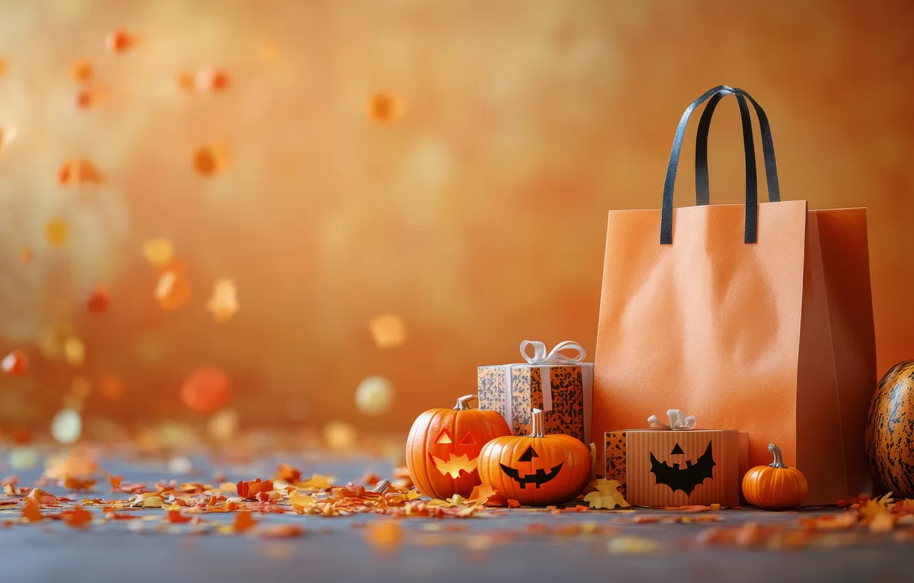 Photo wallpaper autumn, leaves, gift, package, pumpkin, Halloween, bag, Halloween
