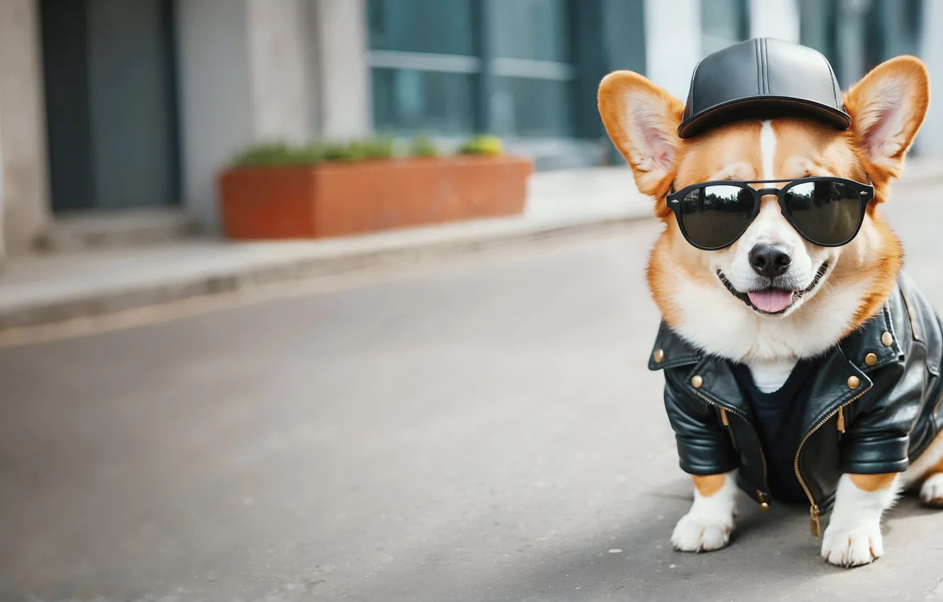 Photo wallpaper photo, street, dog, glasses, rock, cool, Corgi
