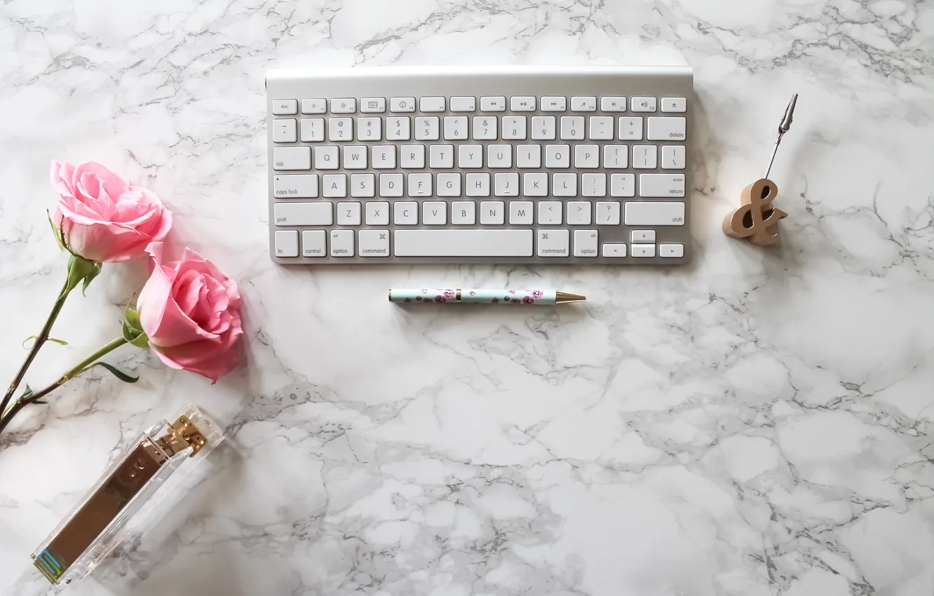 Photo wallpaper roses, handle, pink, flowers, roses, keyboard, marble