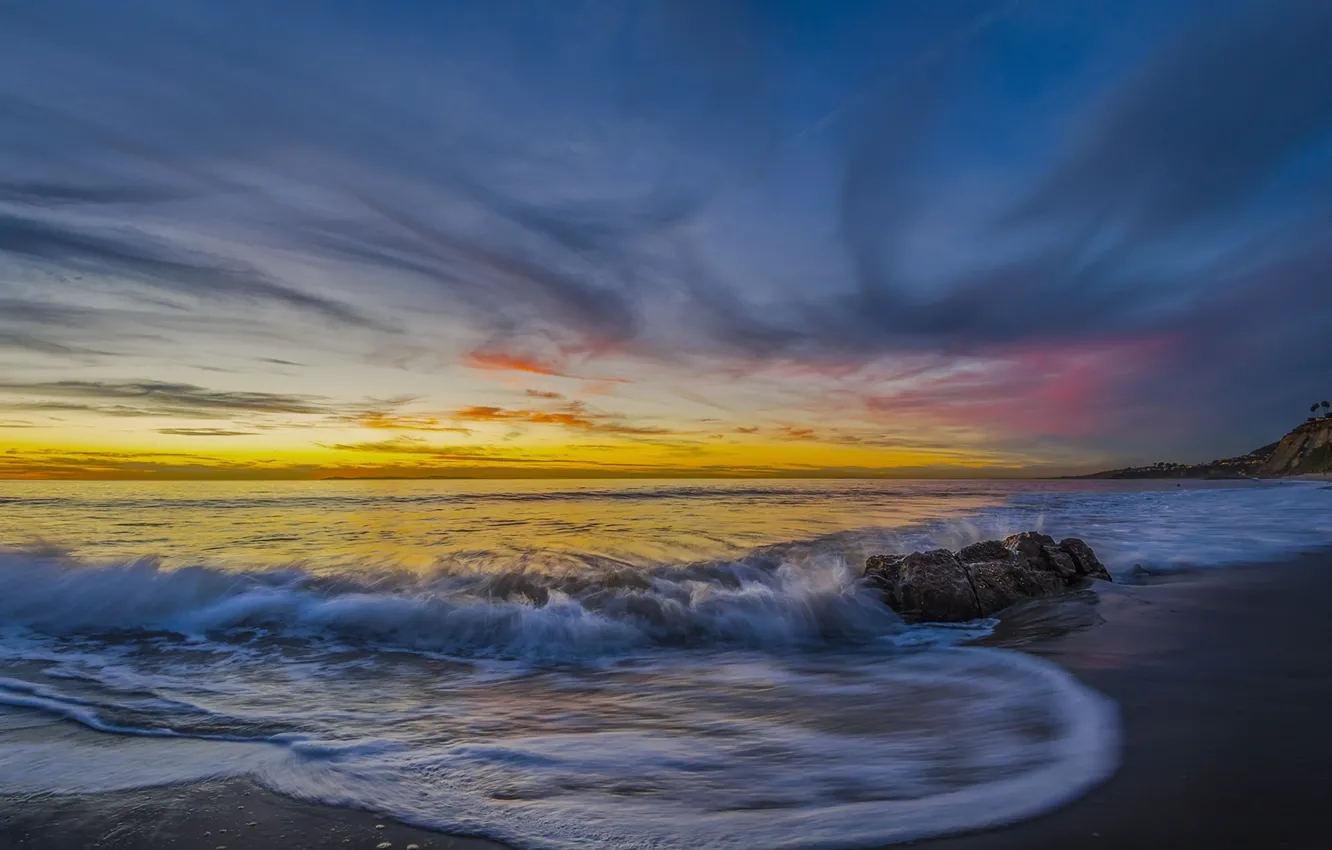 Photo wallpaper beach, sunset, the ocean, coast, CA, Pacific Ocean, California, The Pacific ocean