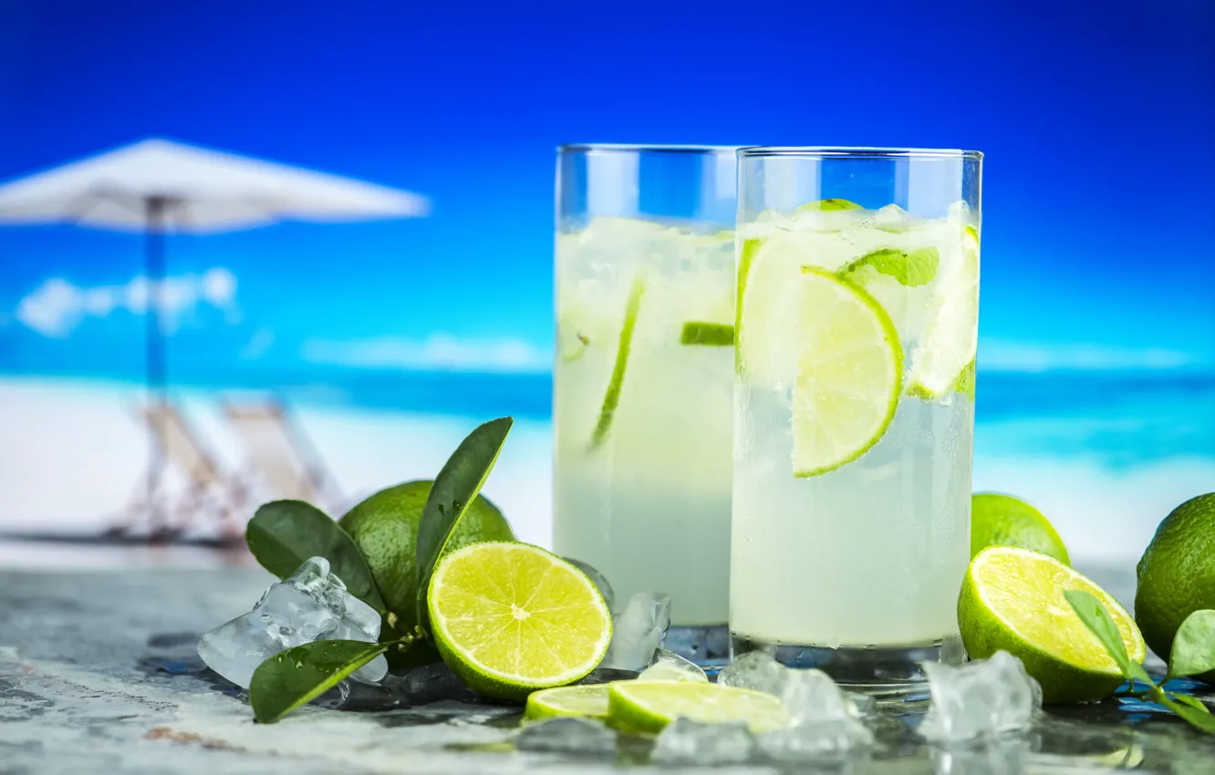 Photo wallpaper beach, ice, lime, citrus, drink, mahito