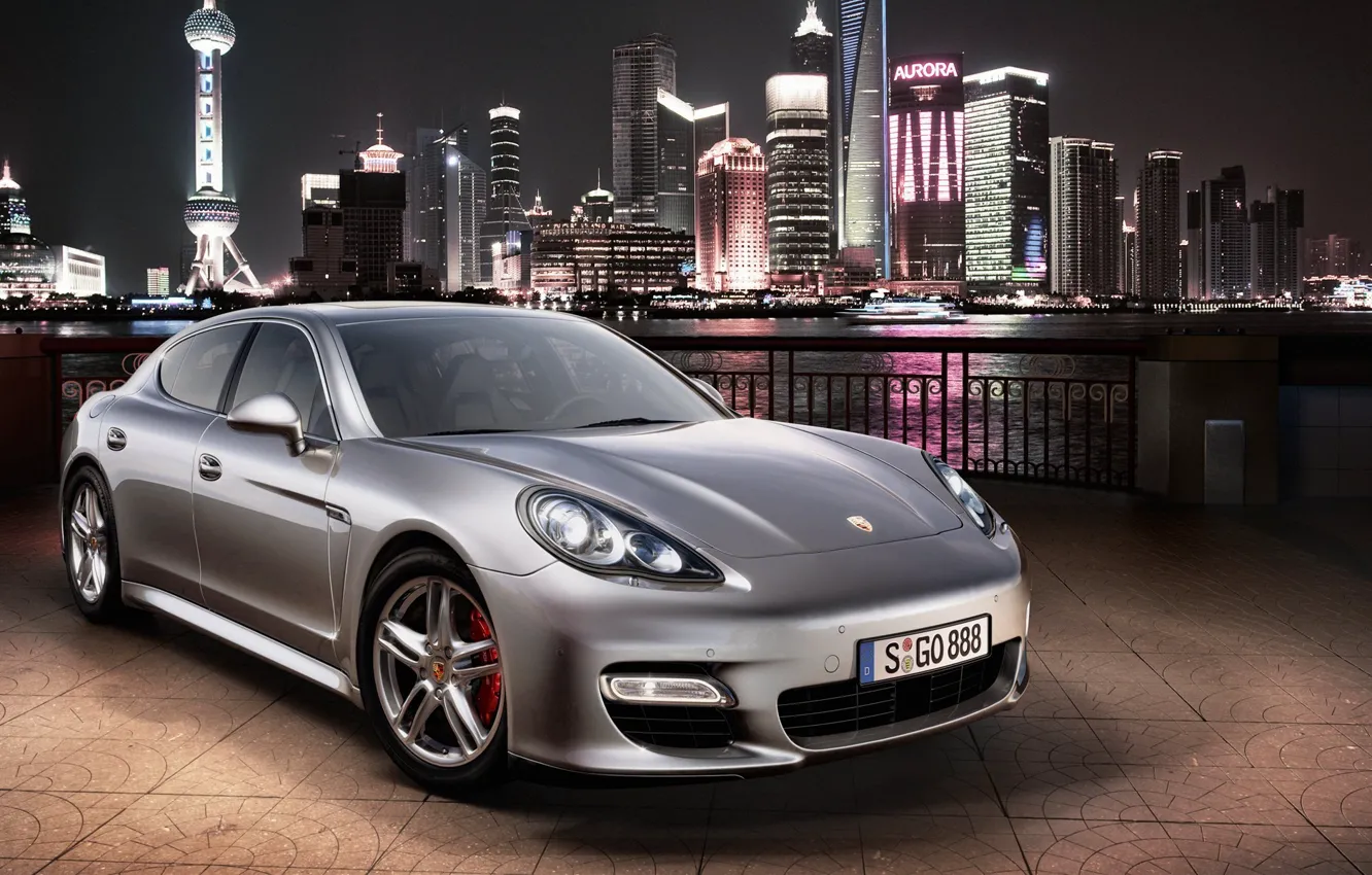 Photo wallpaper the city, lights, Porsche, silver