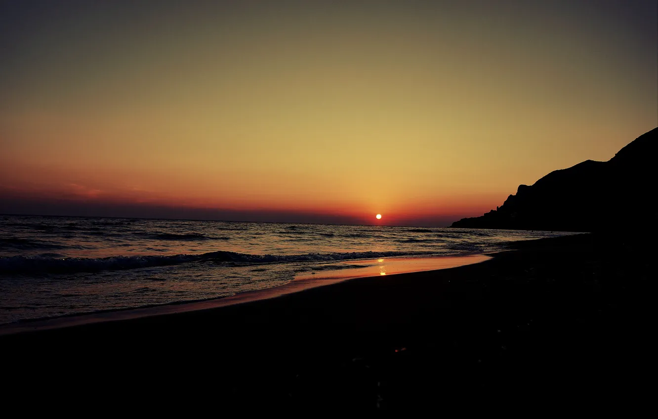 Photo wallpaper beach, twilight, sunset, sun, hill, dusk, seaside, silhouette