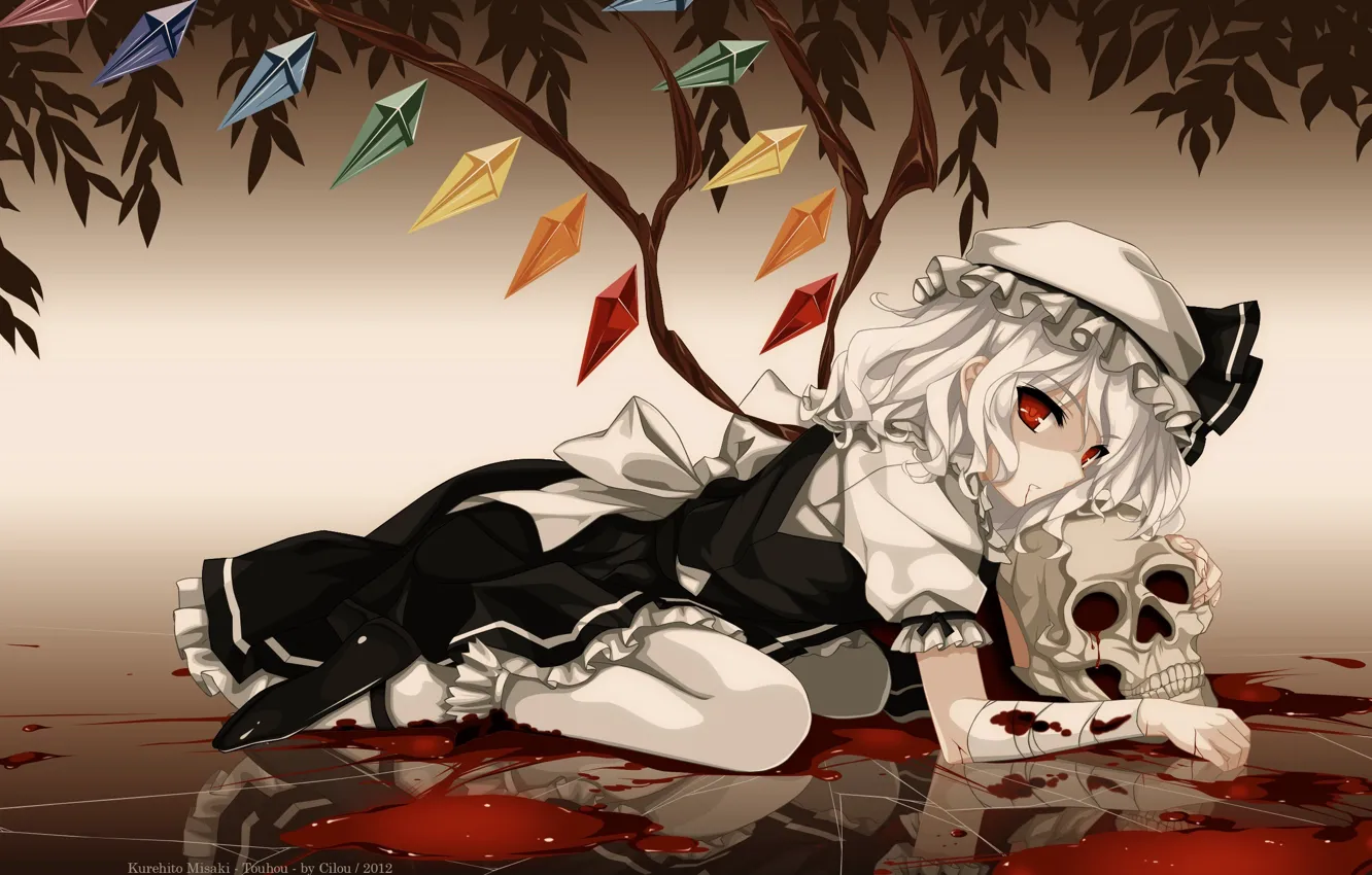 Photo wallpaper skull, red eyes, touhou, art, vampire, a pool of blood, Flandre Scarlet, Kurehito Misaki