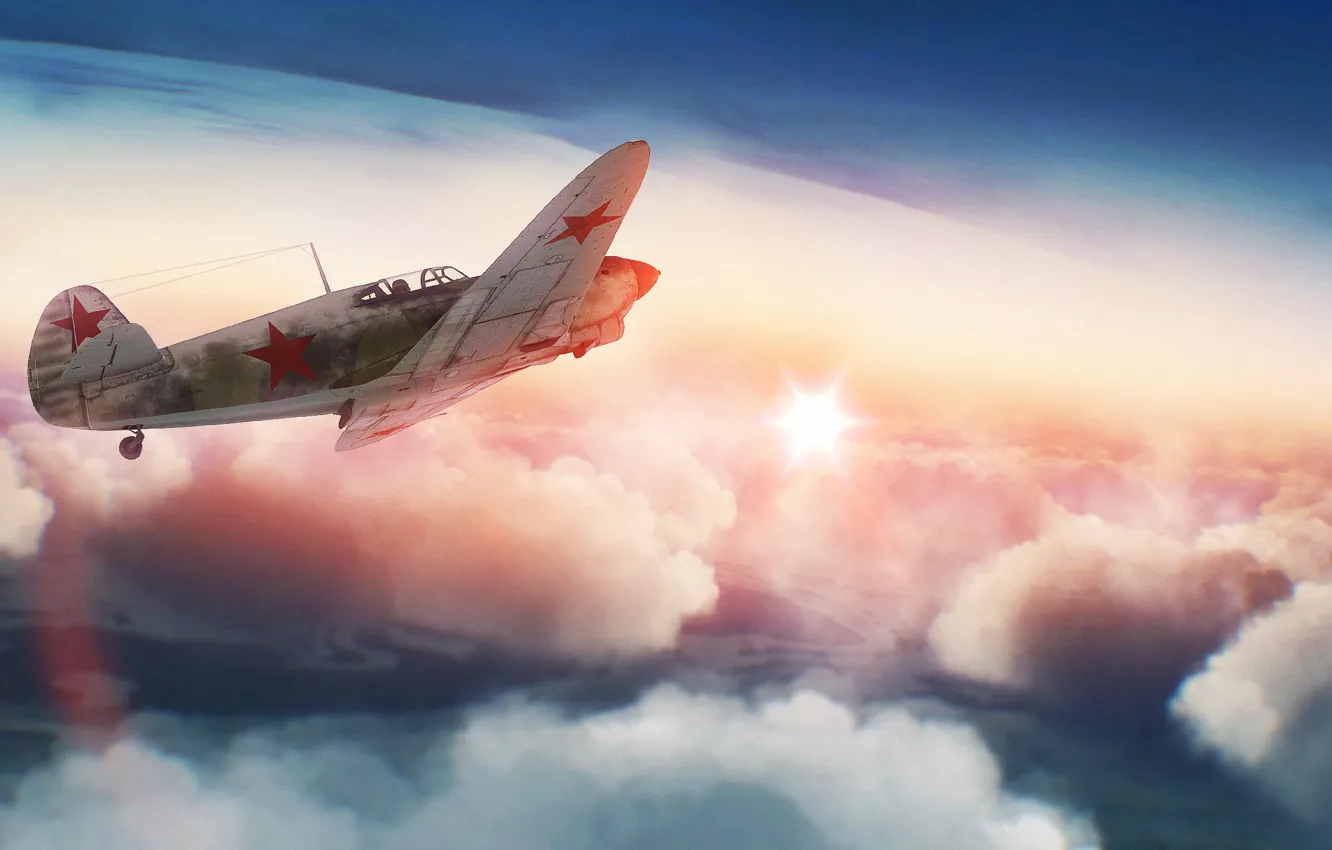 Photo wallpaper the sky, the sun, clouds, war, fighter, Art, Soviet, piston