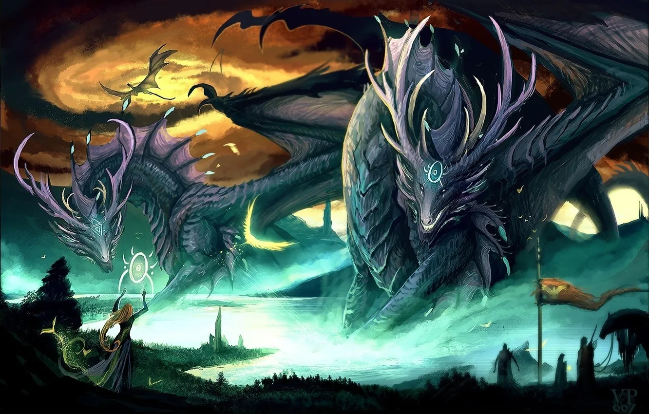 Photo wallpaper girl, lake, magic, dragon, art, giant