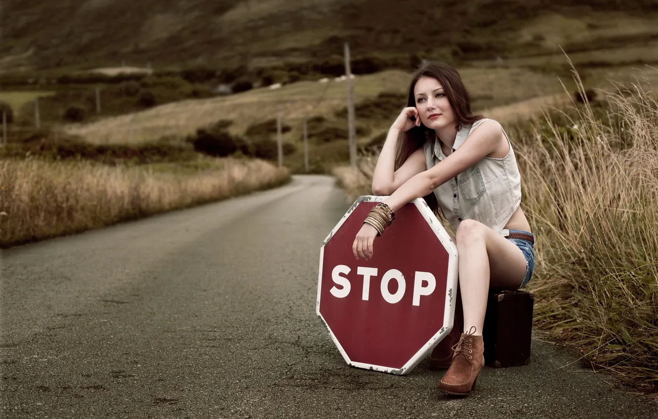 Photo wallpaper road, girl, sign