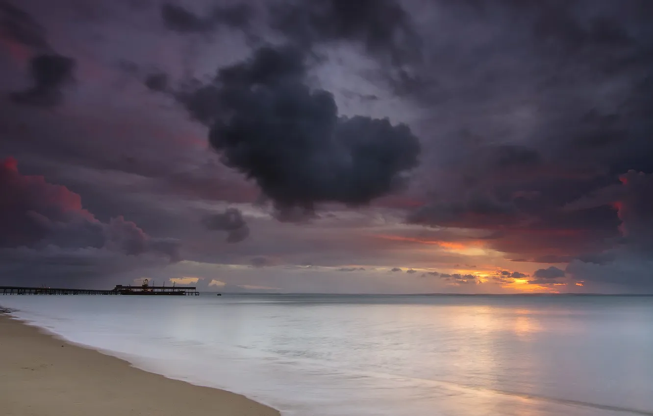 Photo wallpaper sea, landscape, sunset, bridge