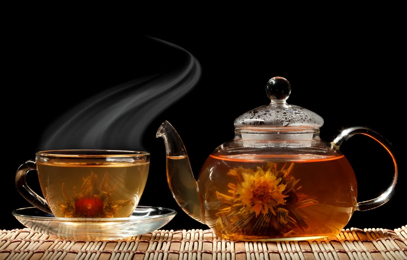 Photo wallpaper flower, tea, kettle, Cup, black background, saucer