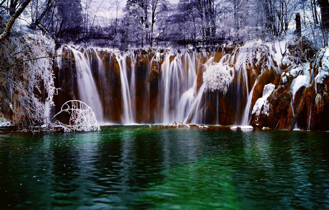 Photo wallpaper winter, forest, snow, lake, river, waterfall, stream, Croatia