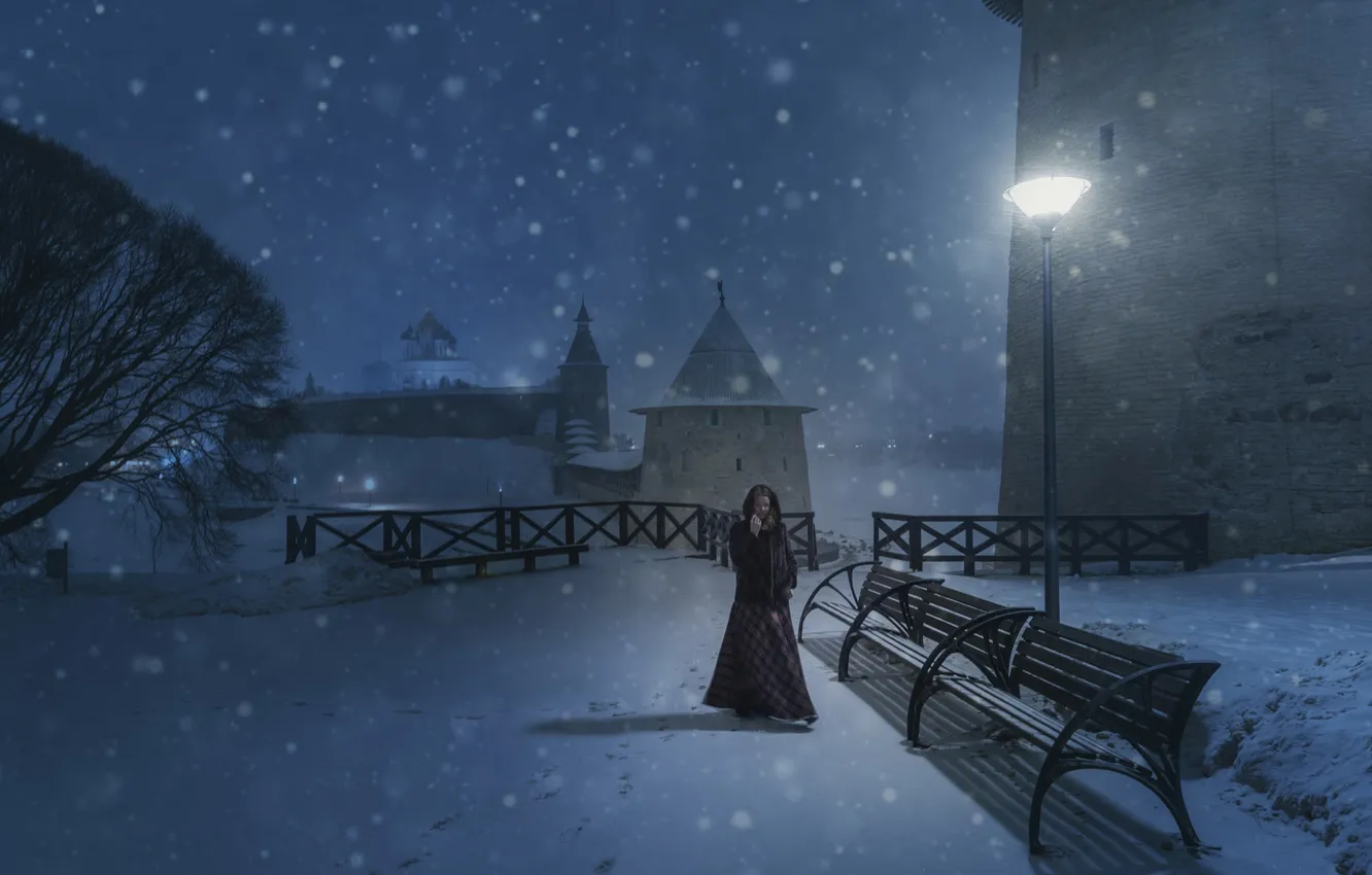 Photo wallpaper winter, girl, light, snow, trees, night, the fence, tower