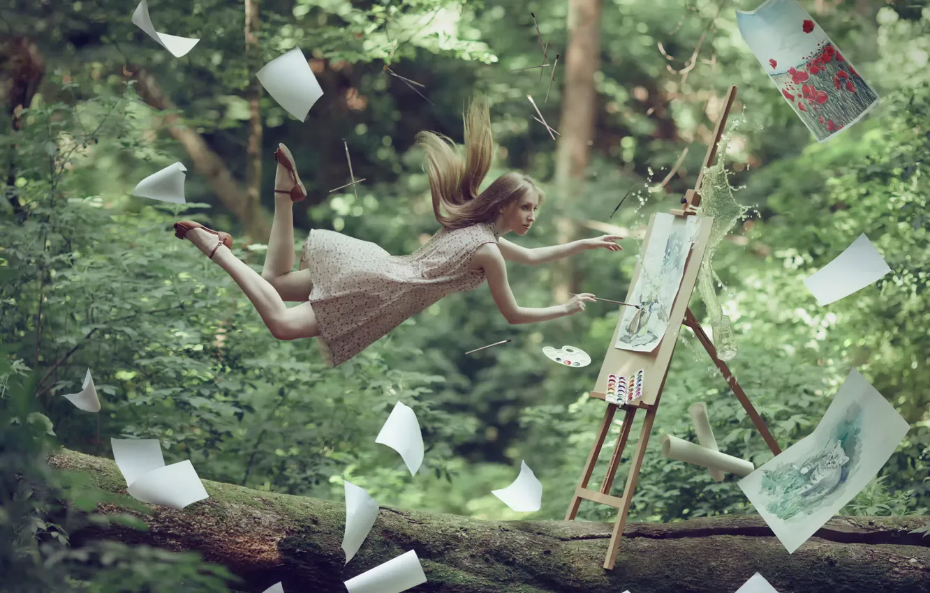 Photo wallpaper forest, girl, artist, pictures, levitation, fantasy art