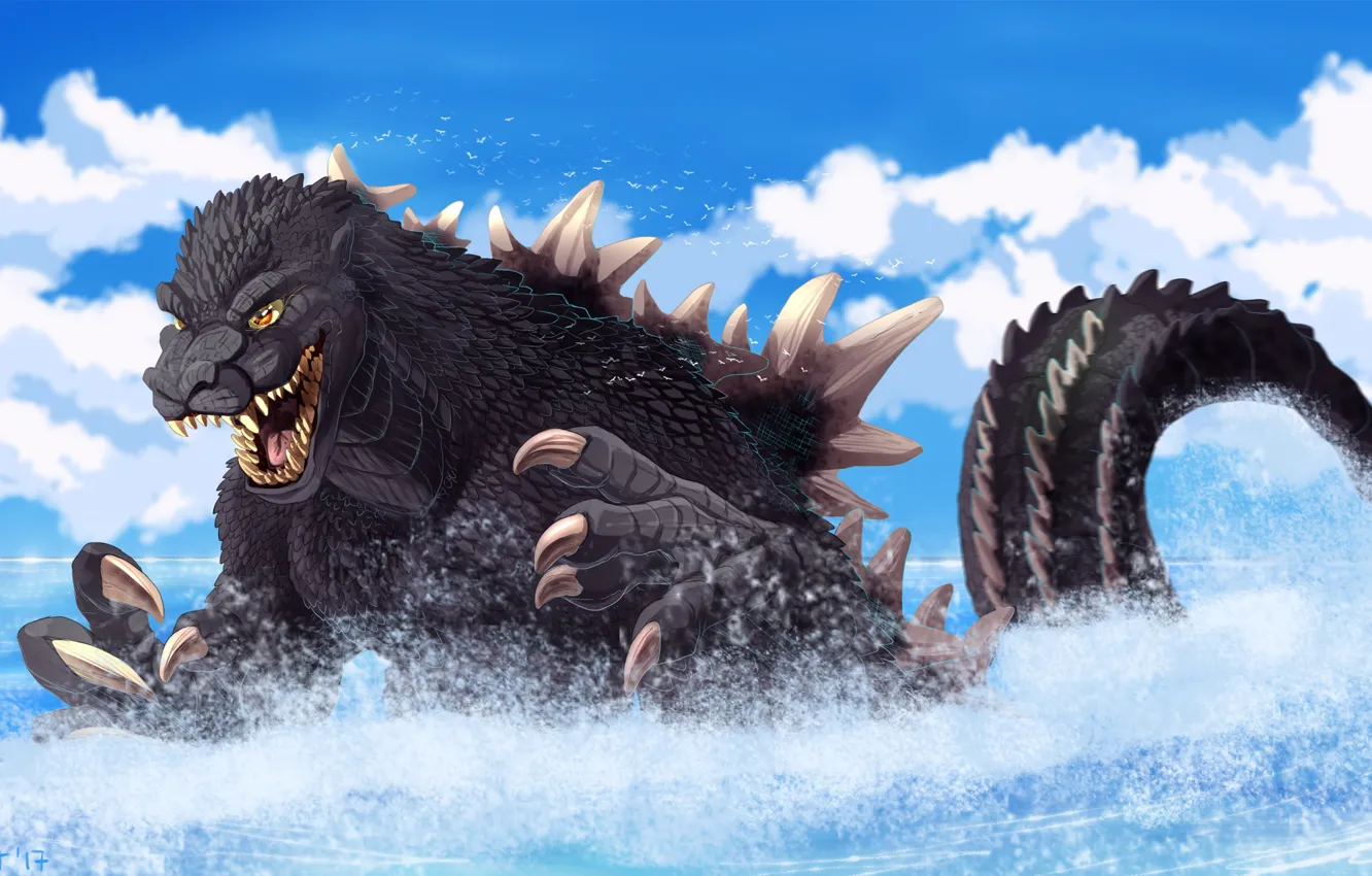 Photo wallpaper sea, wave, squirt, Godzilla