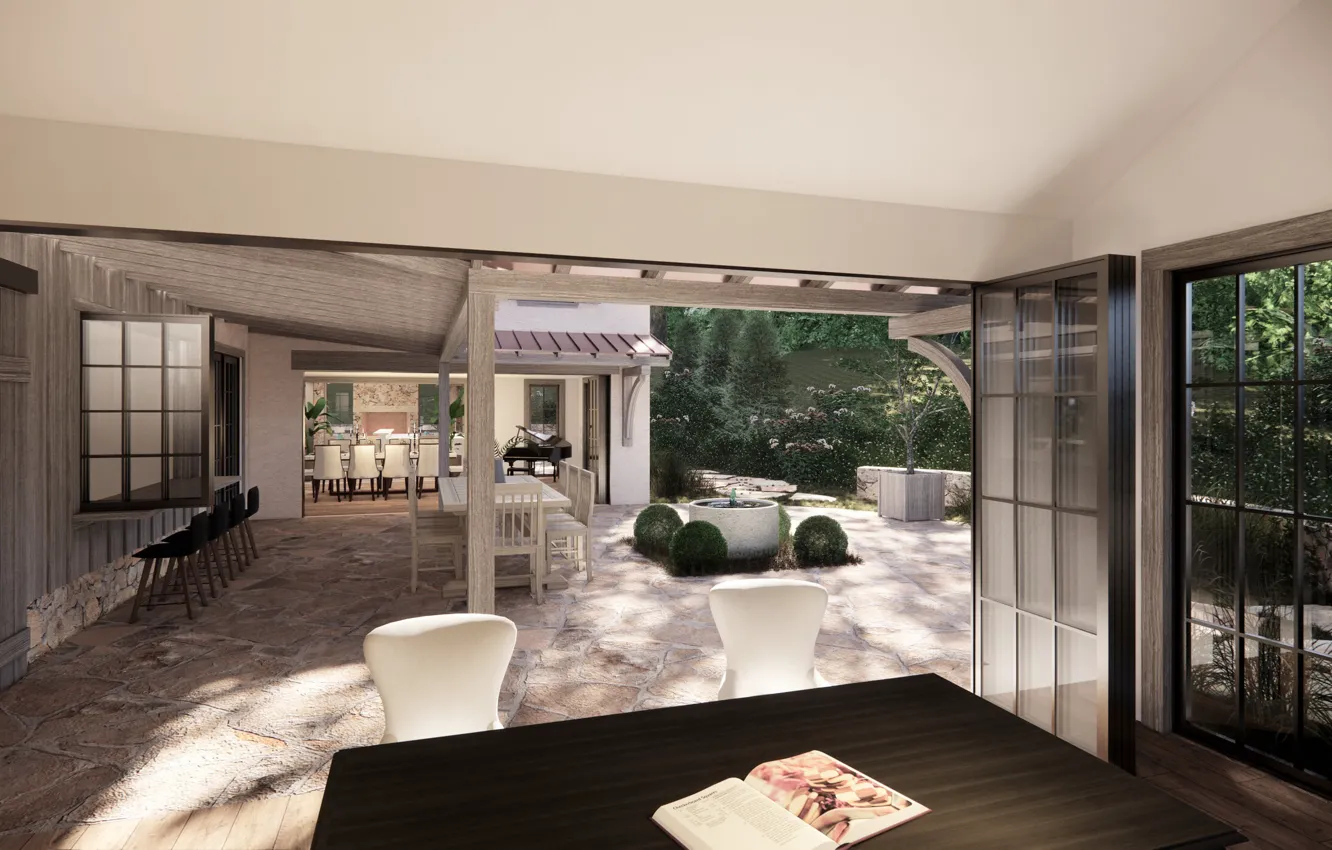 Photo wallpaper design, style, interior, piano, terrace, dining room, courtyard