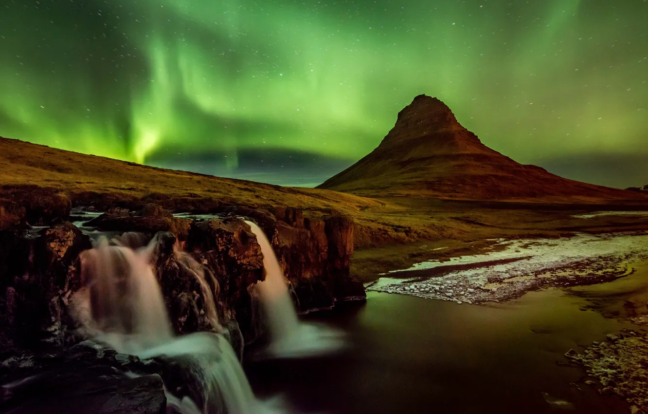 Photo wallpaper mountains, night, Northern lights, the volcano, North, Iceland, Kirkjufell, Dan Ballard Photography