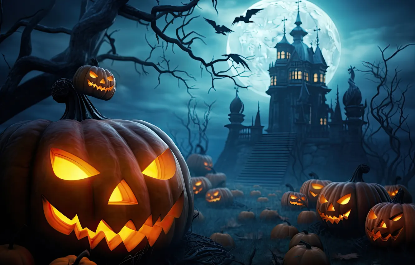 Photo wallpaper Night, Trees, The moon, House, Birds, Pumpkin, Halloween, Halloween