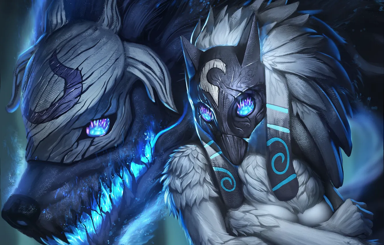 Photo wallpaper wolf, mask, League Of Legends, Kindred