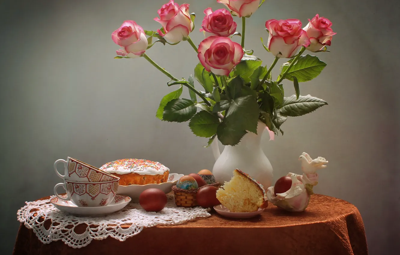 Photo wallpaper flowers, table, holiday, roses, eggs, Easter, pigeons, Cup