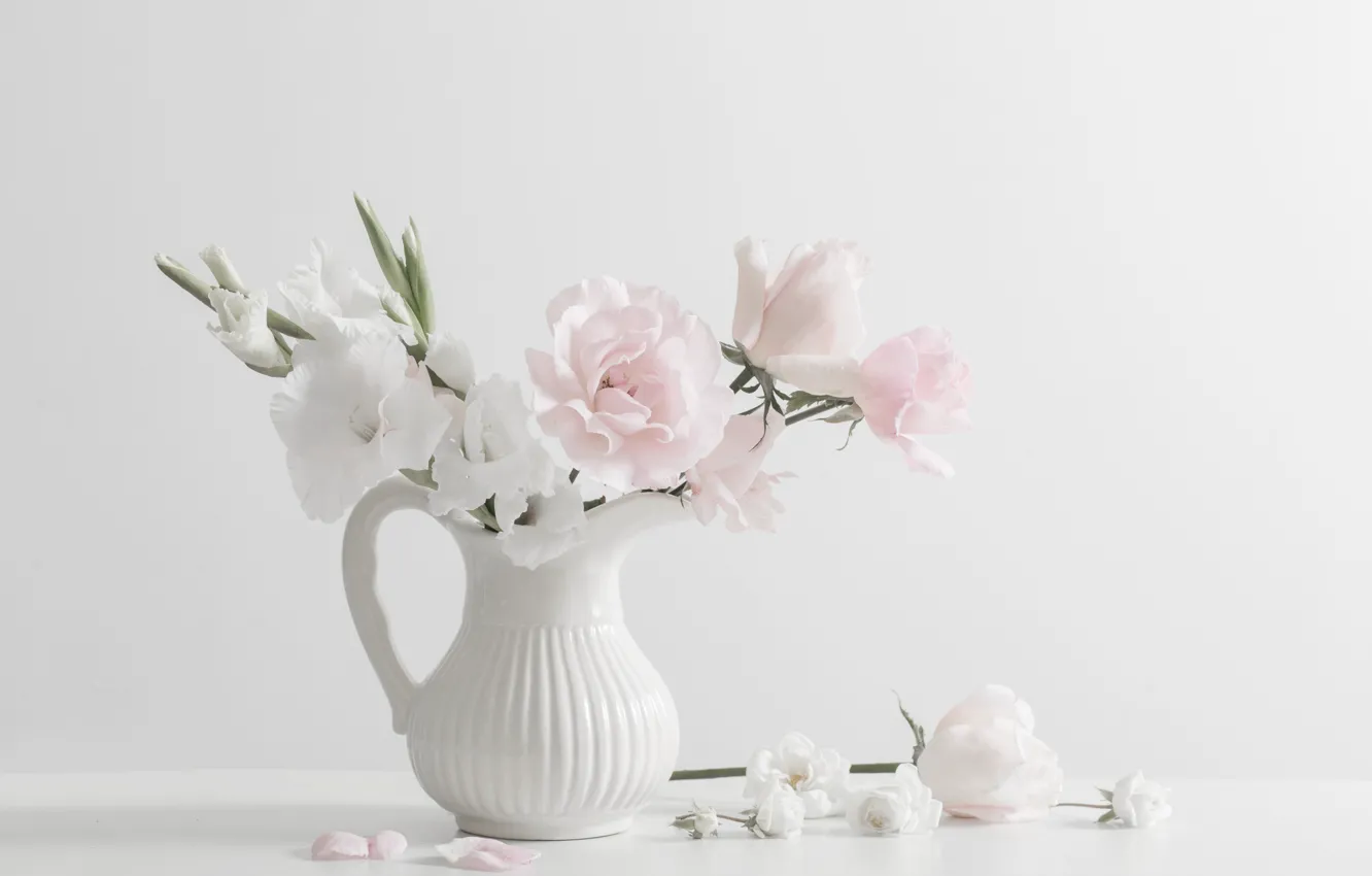 Photo wallpaper flowers, pitcher, white