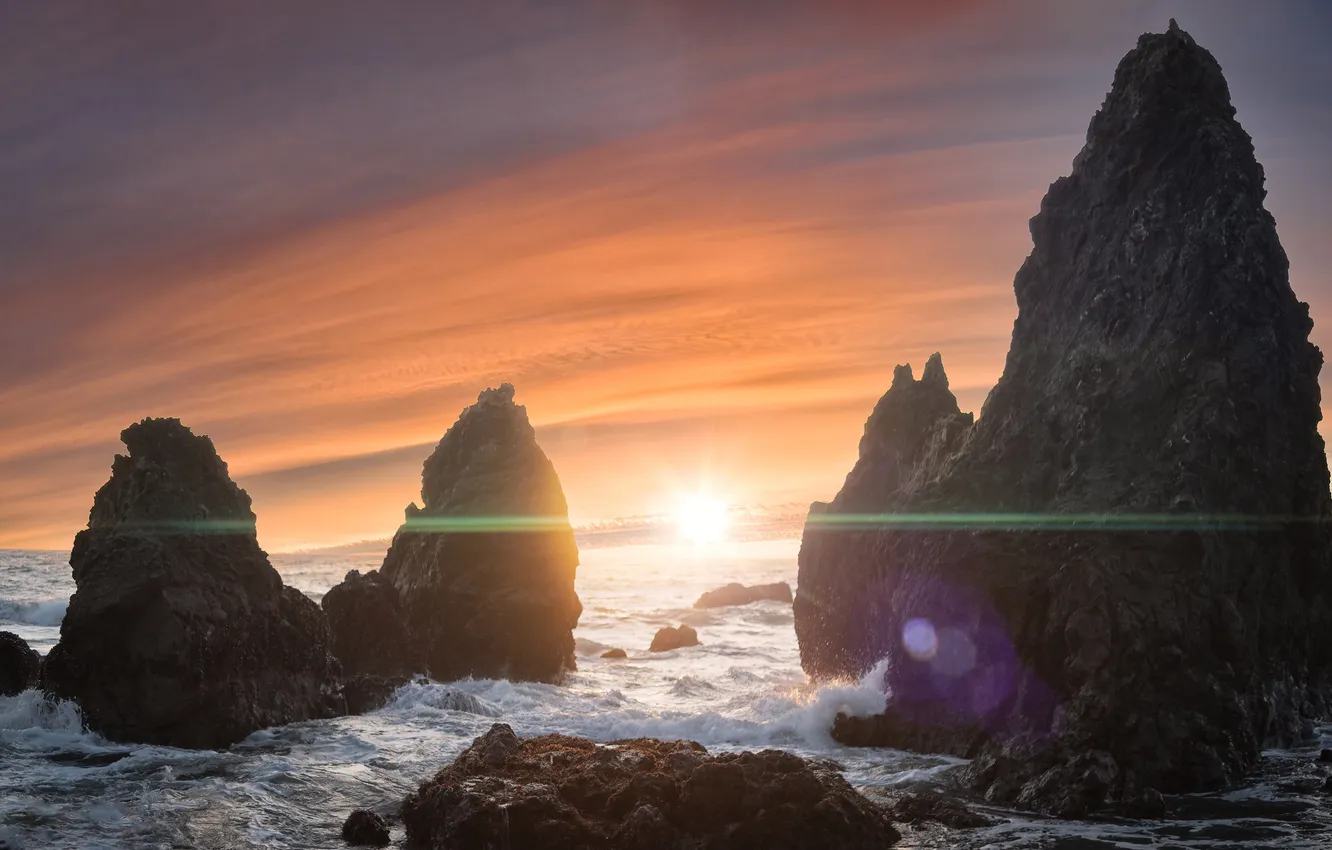 Photo wallpaper sea, the sun, stones, rocks, dawn