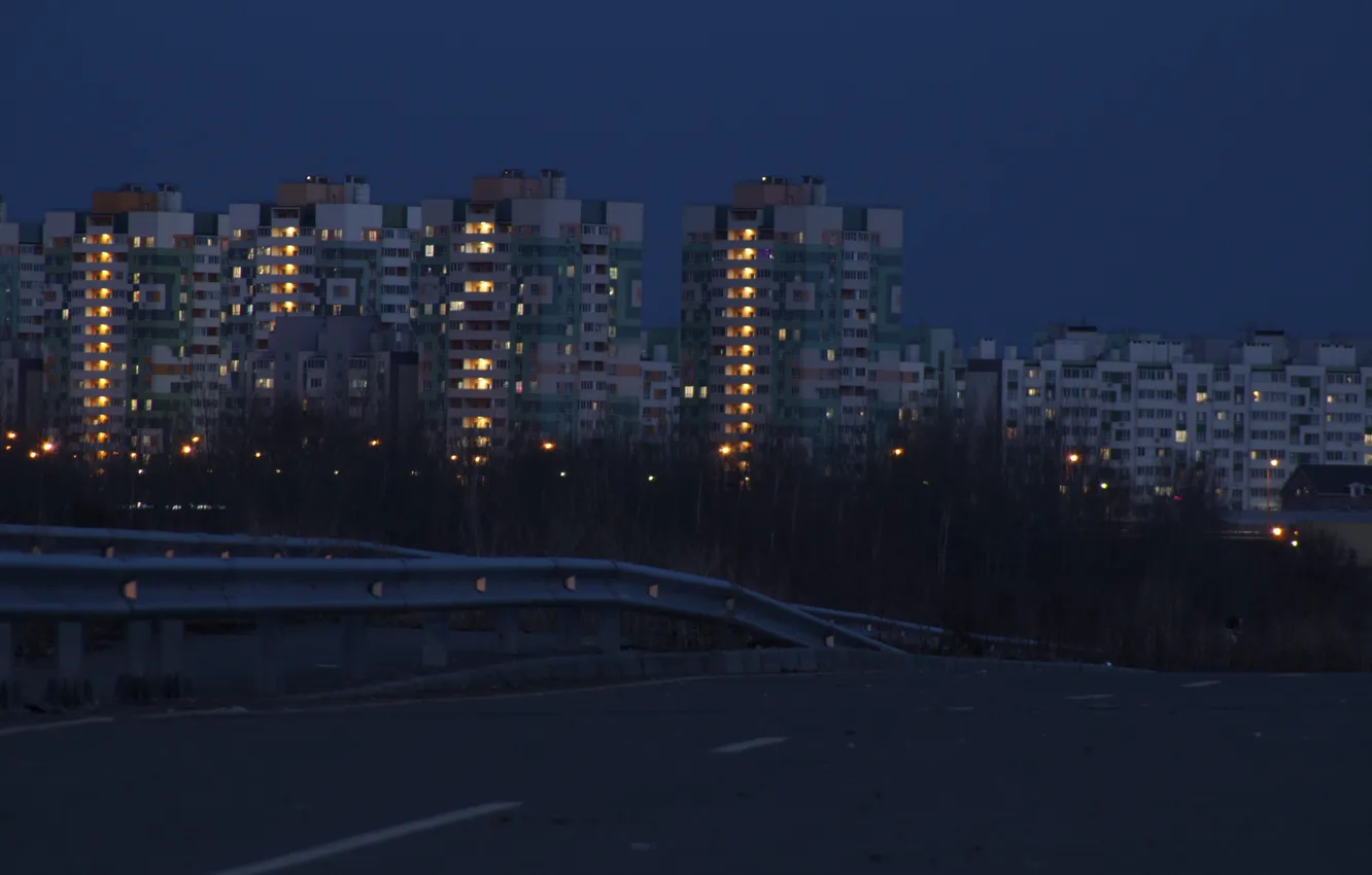 Photo wallpaper road, the sky, trees, building, home, spring, the evening, lights