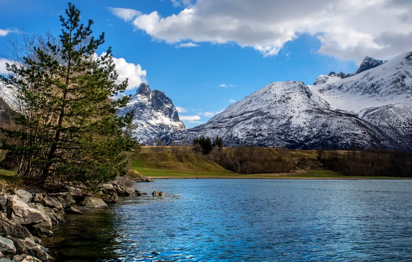 Photo wallpaper the sky, clouds, trees, mountains, lake, stones, Norway, Andalsnes
