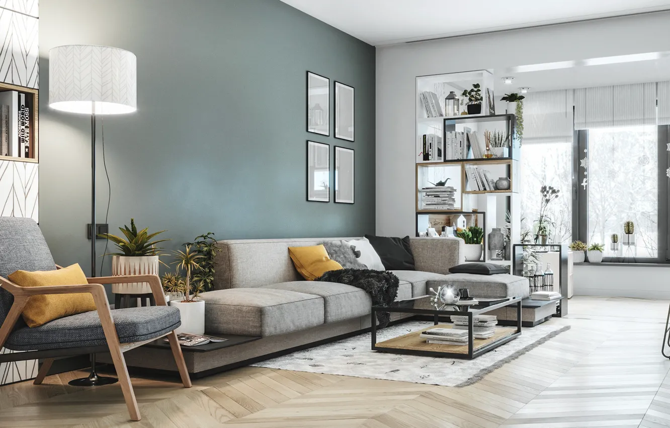 Photo wallpaper design, interior, library, living room, Scandinavian style, Scandinavian style