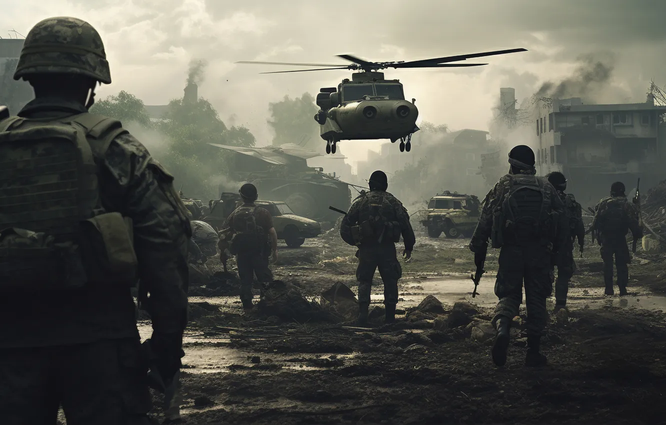 Photo wallpaper home, soldiers, helicopter, digital art, AI art, The Art of Artificial Intelligence, War and conflict …