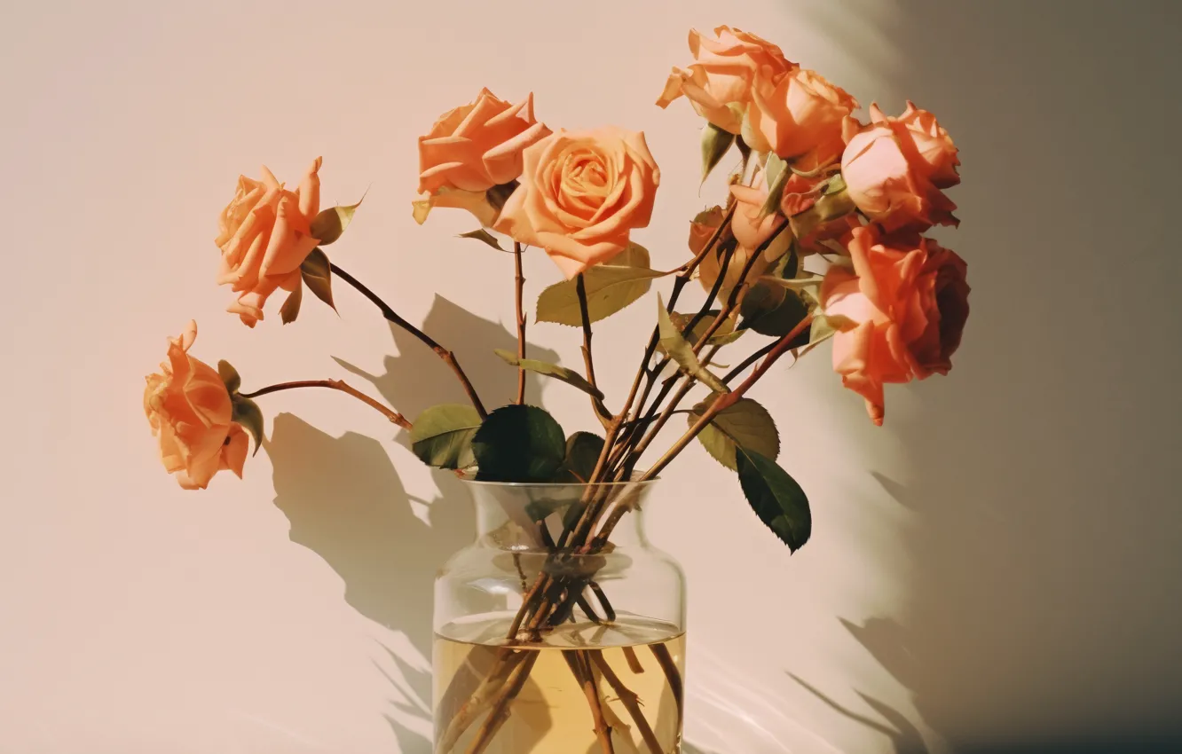 Photo wallpaper vase, flowers, bouquet, AI art, roses, neural network