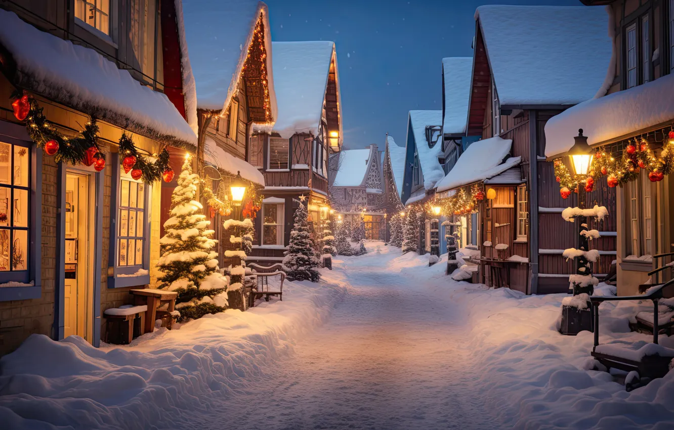 Photo wallpaper winter, snow, decoration, night, the city, lights, street, tree