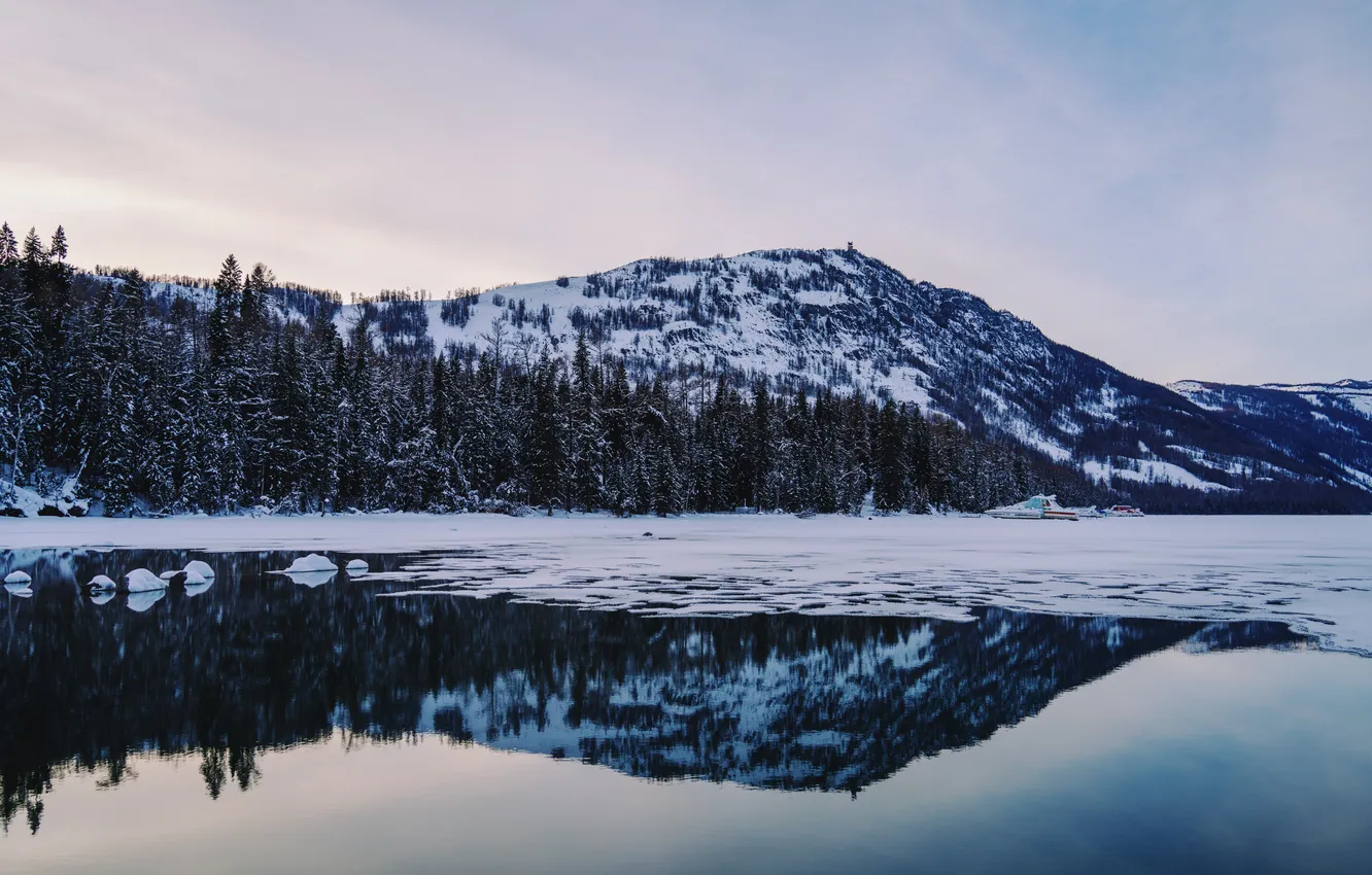 Photo wallpaper forest, snow, mountains, winter lake