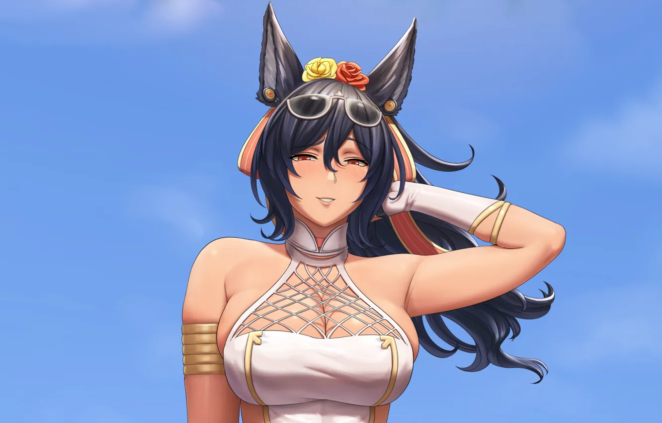 Photo wallpaper girl, sexy, cleavage, blouse, long hair, boobs, animal ears, anime