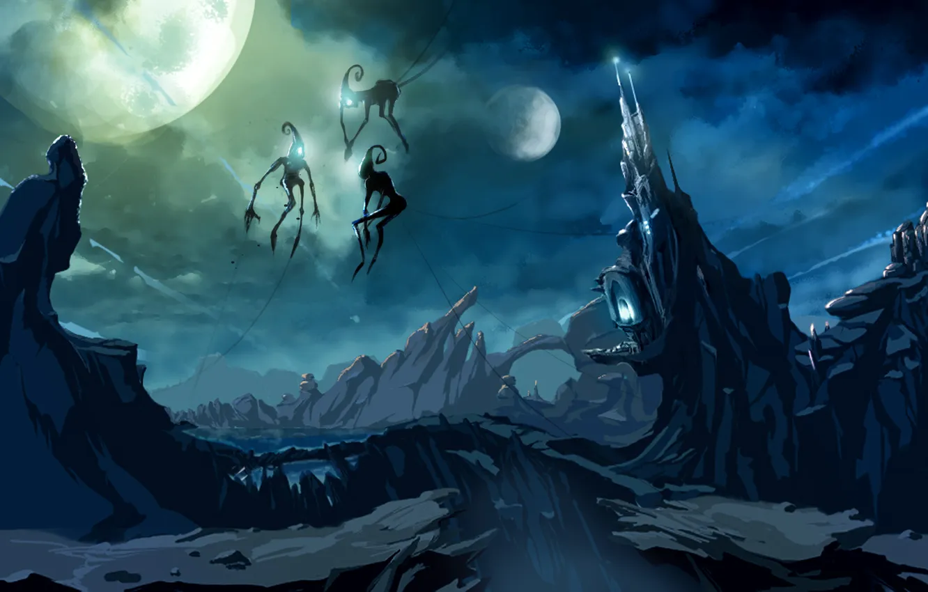 Photo wallpaper night, rocks, planet, being, art