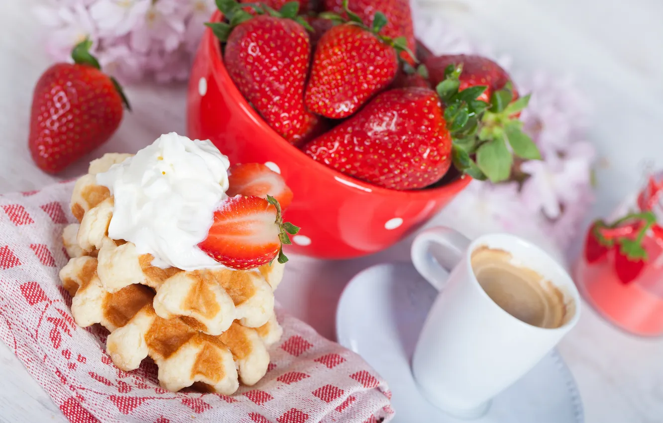 Photo wallpaper coffee, Breakfast, strawberry, cream, waffles, strawberry, coffee, cream