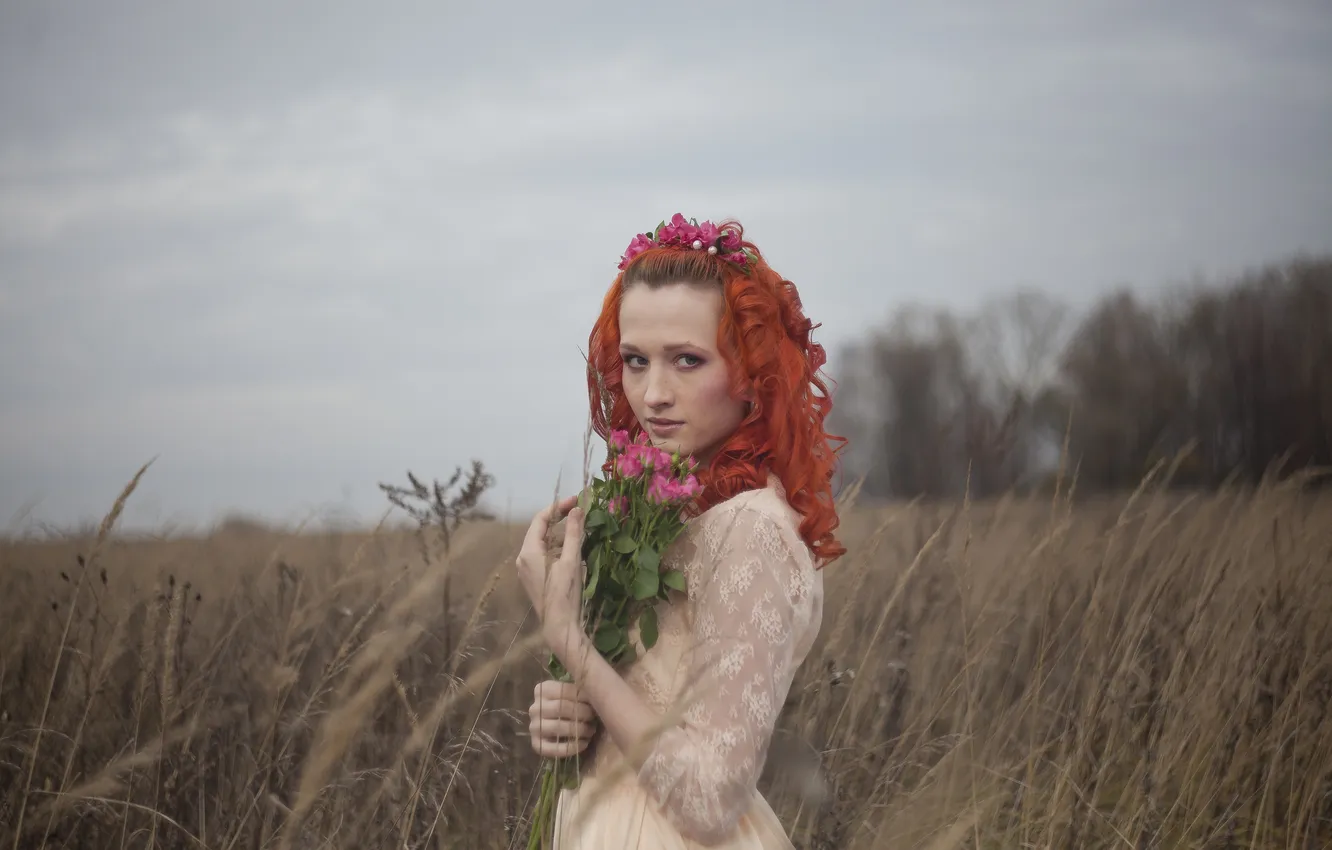Photo wallpaper field, look, girl, flowers, overcast, redhead, curls