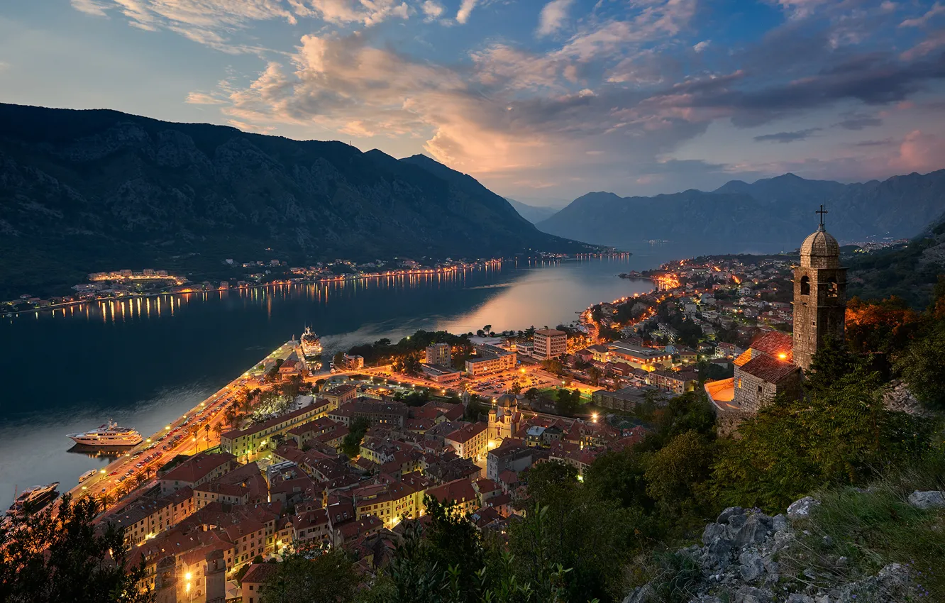 Photo wallpaper light, mountains, the city, home, the evening, Church, Montenegro, To