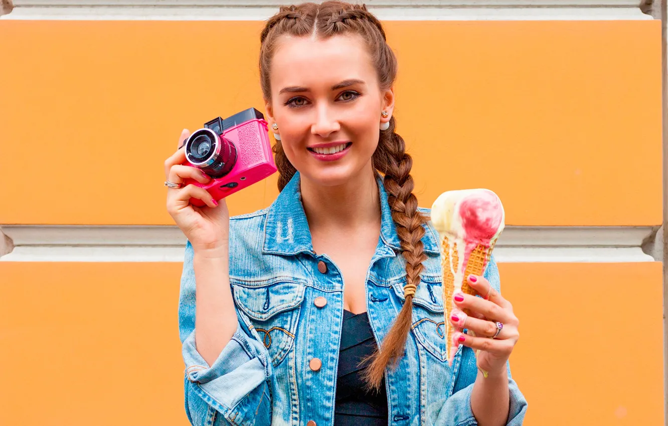 Photo wallpaper girl, smile, portrait, makeup, hairstyle, the camera, ice cream, braids