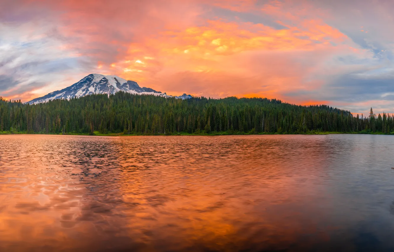 Photo wallpaper forest, sunset, mountains, panorama, pond