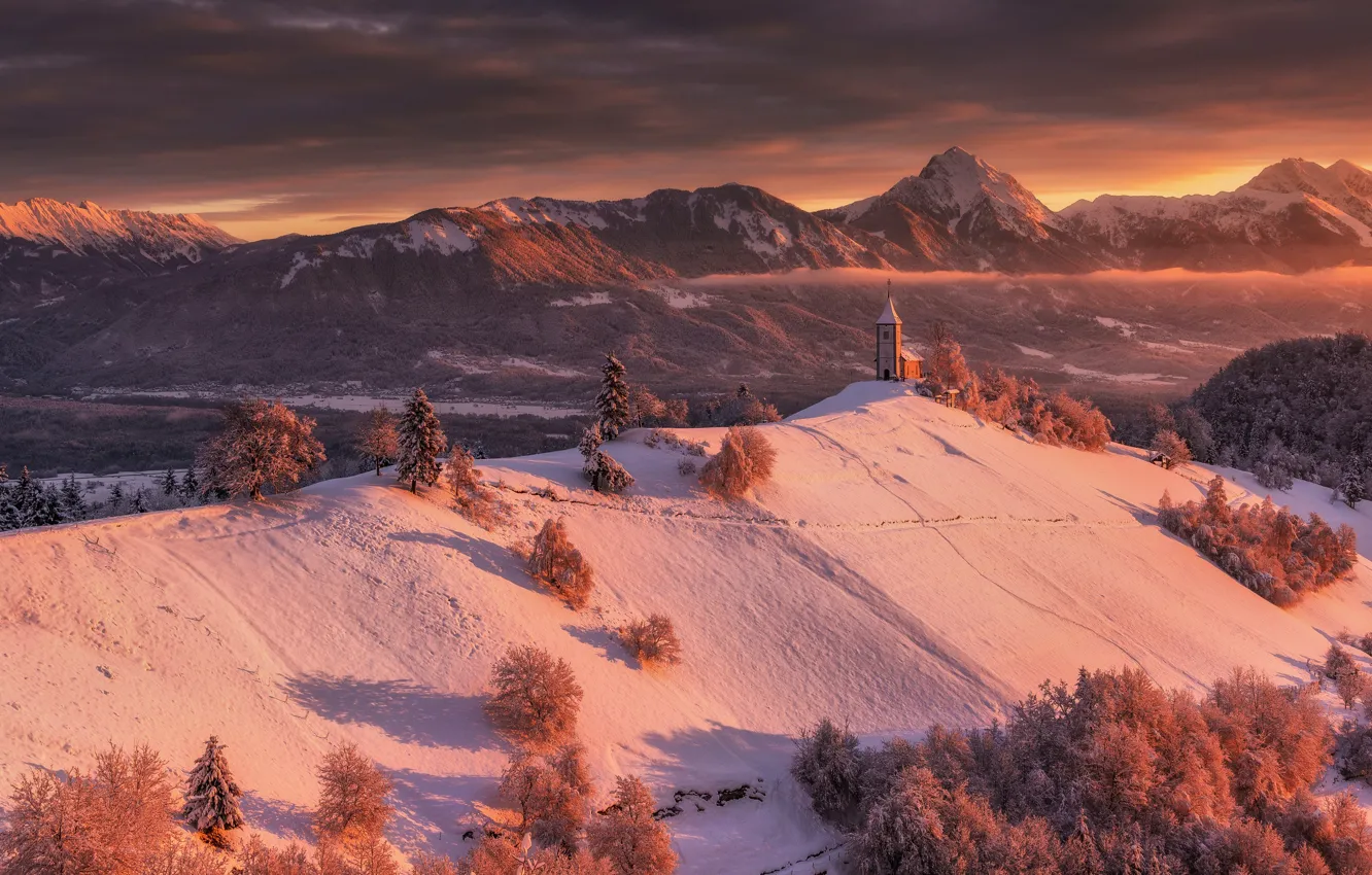 Photo wallpaper winter, forest, light, snow, mountains, Church