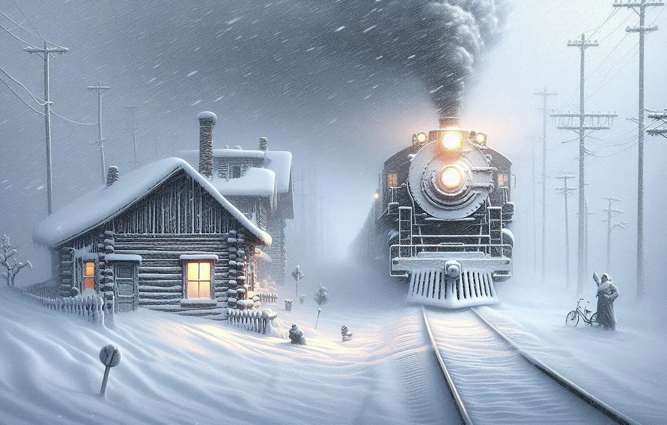 Photo wallpaper winter, light, snow, fog, posts, lights, smoke, people