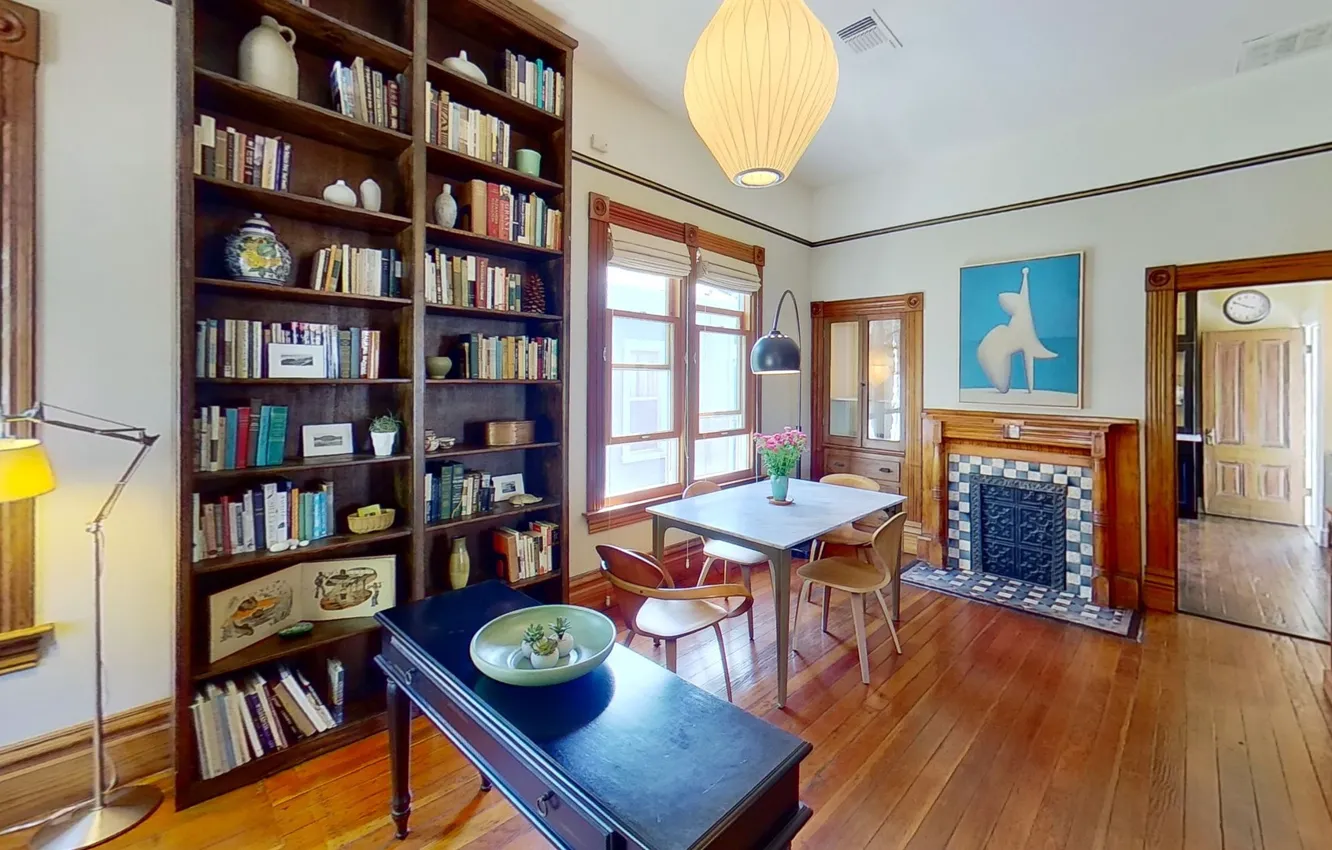Photo wallpaper design, style, interior, fireplace, library, dining room