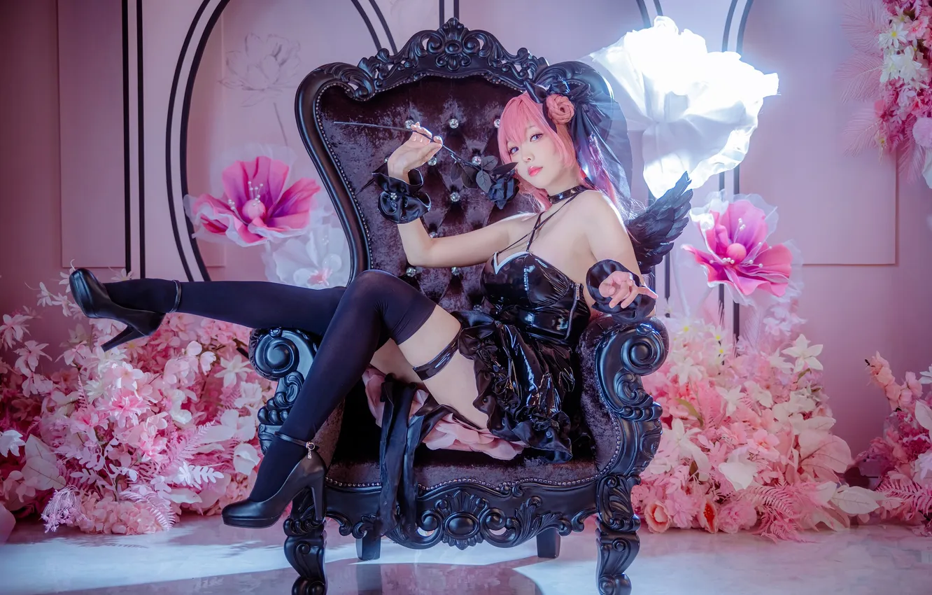 Photo wallpaper girl, flowers, chair, anime, cosplay, pink hair