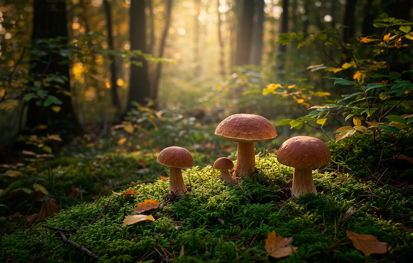 Photo wallpaper forest, leaves, trees, mushrooms, moss, forest, trees, leaves