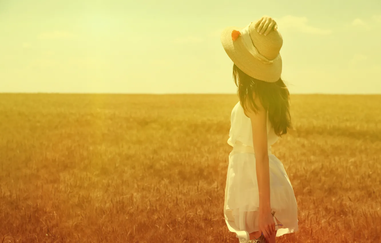 Photo wallpaper field, summer, girl, the sun, hat